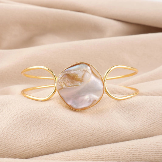 Gold-Plated Mother of Pearls Studded Cuff ( brass Bracelet)