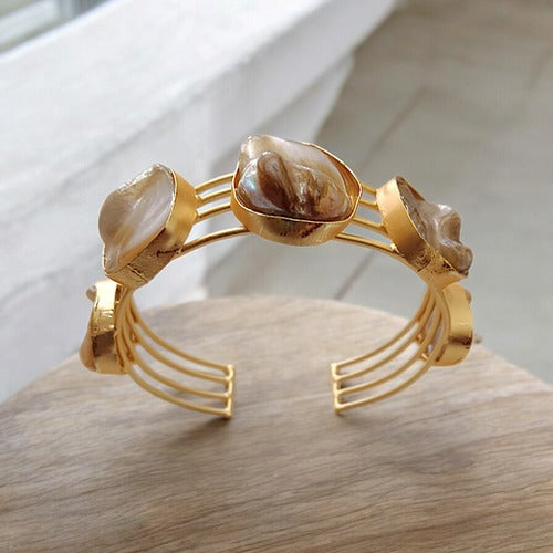 Gold-Plated Mother of Pearls Studded Cuff ( brass Bracelet)
