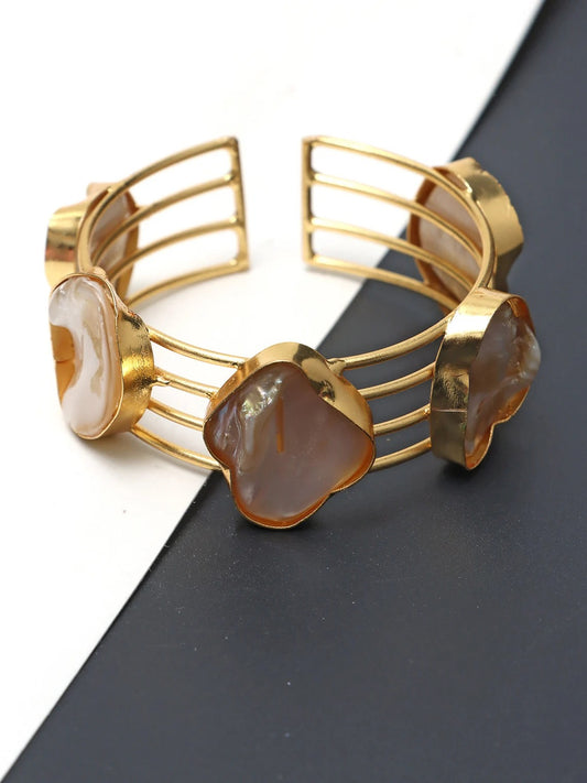 Gold-Plated Mother of Pearls Studded Cuff ( brass Bracelet)