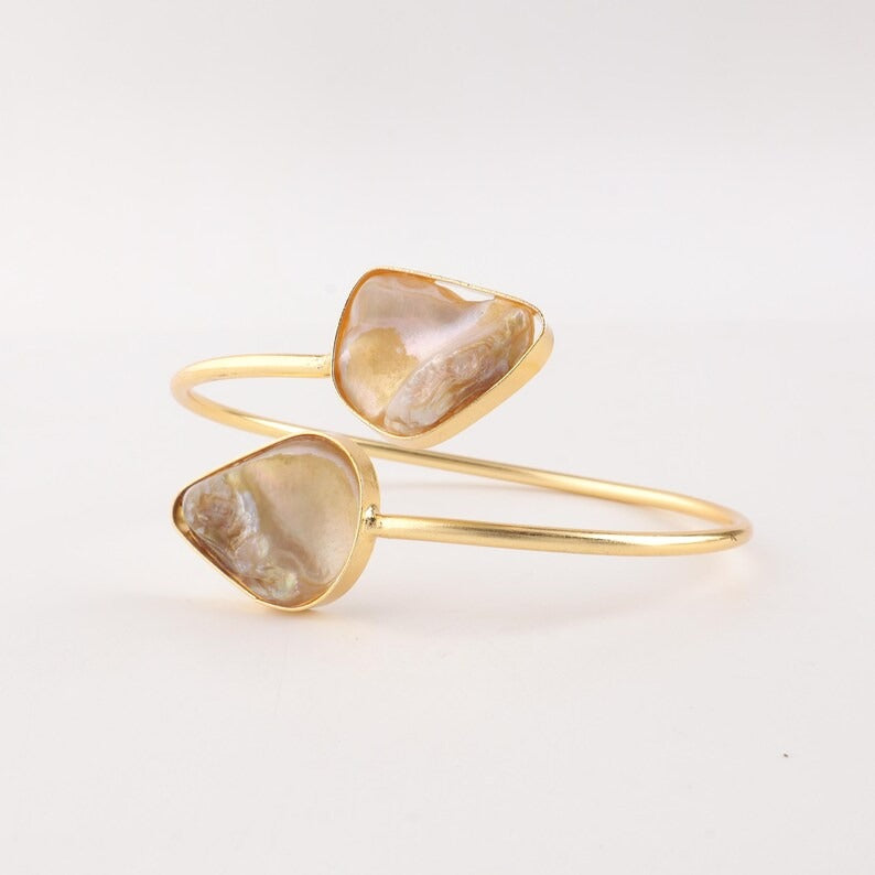 Gold-Plated Mother of Pearls Studded Cuff ( brass Bracelet)
