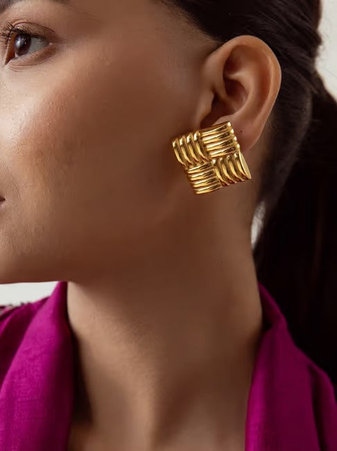 Gold Statement Square Chunky Studs Earrings (Anti Tarnish)