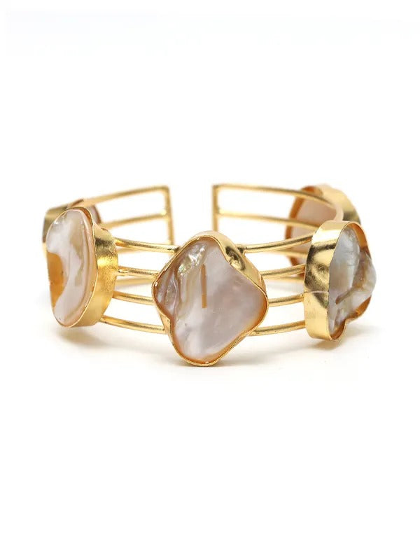 Gold-Plated Mother of Pearls Studded Cuff ( brass Bracelet)