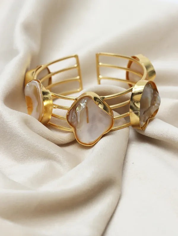 Gold-Plated Mother of Pearls Studded Cuff ( brass Bracelet)