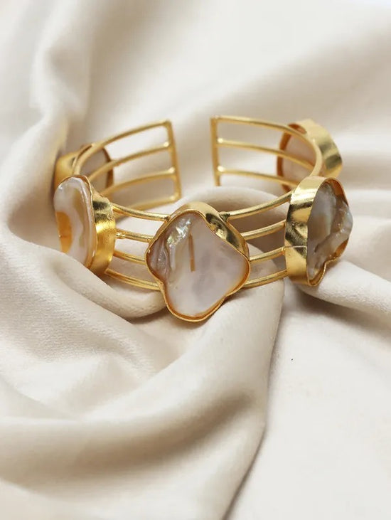 Gold-Plated Mother of Pearls Studded Cuff ( brass Bracelet)