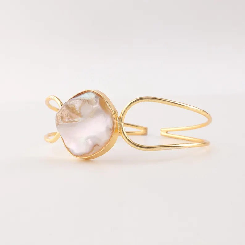 Gold-Plated Mother of Pearls Studded Cuff ( brass Bracelet)