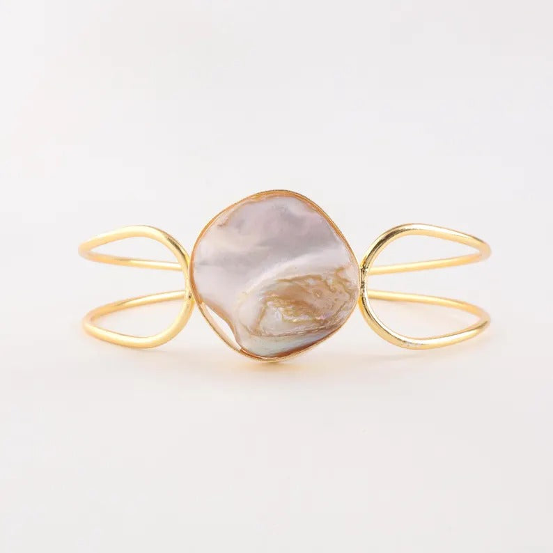 Gold-Plated Mother of Pearls Studded Cuff ( brass Bracelet)